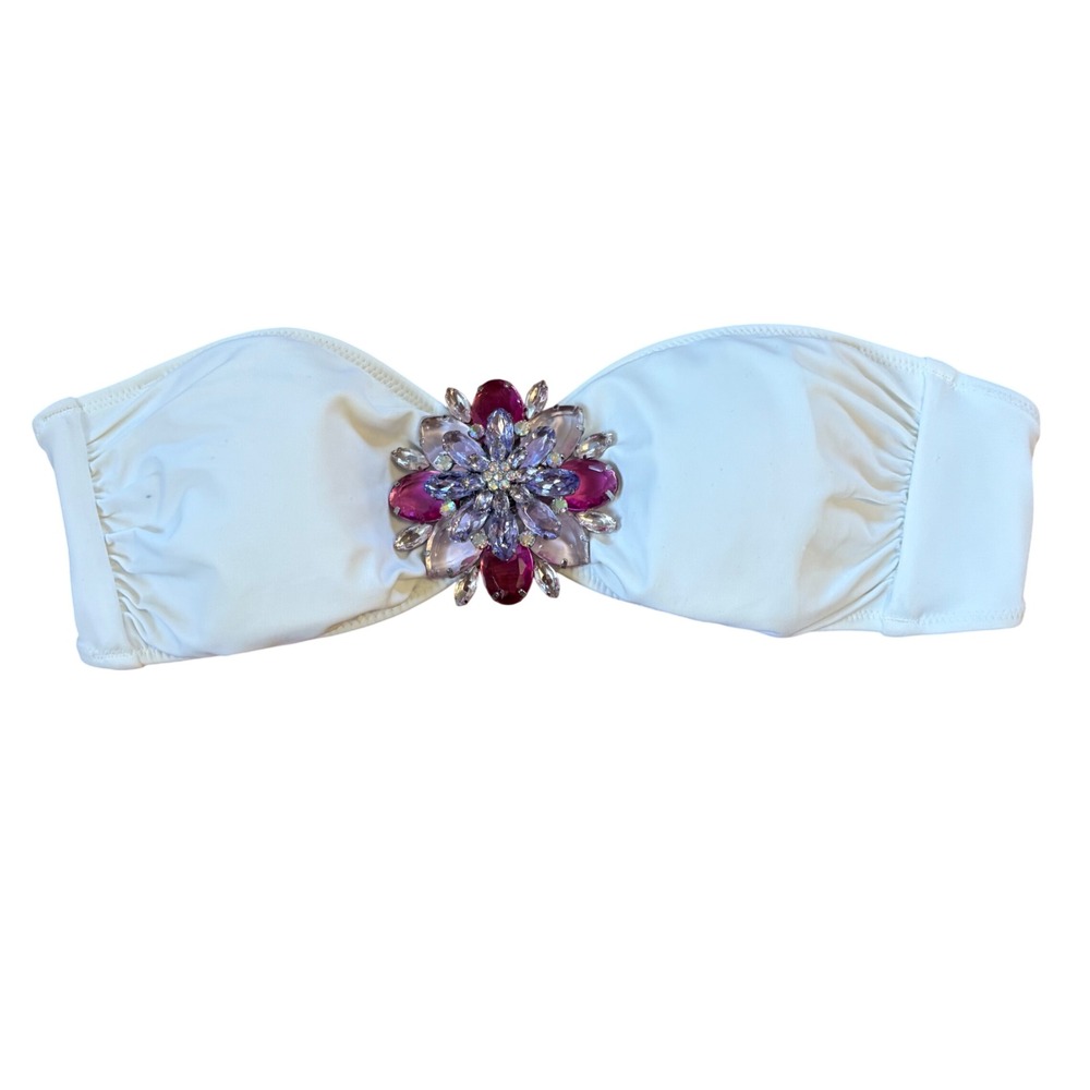 Victoria's Secret Y2K White Bandeau Bikini Top Jewel Strapless Purple Pink Small